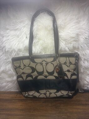 Coach Beige/Black Signature Canvas Tote with Leather Trim